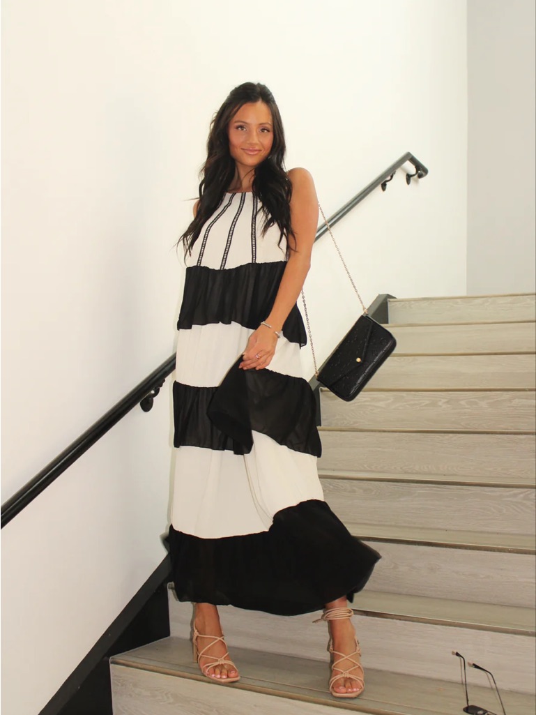 Sleeveless Black And White Tiered Maxi Dress